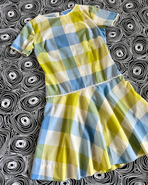 60s blue + chartreuse check mini dress (S)