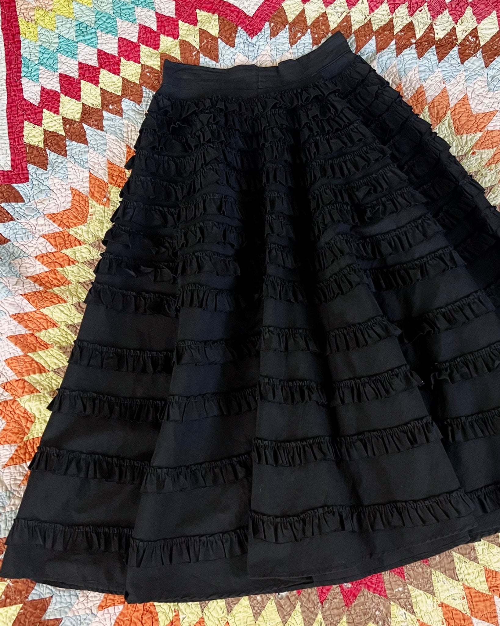 50s black cotton tiered ruffle circle skirt (24/25”)