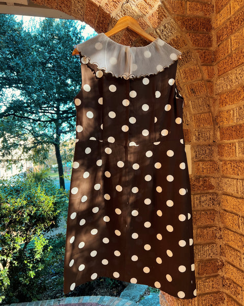 60s brown polka accordion pleat collar dress (L)