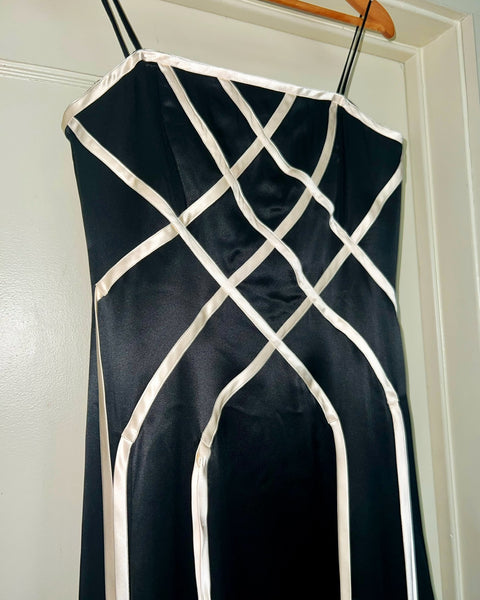 00s adrianna papell black + white silk ribbons dress (M)