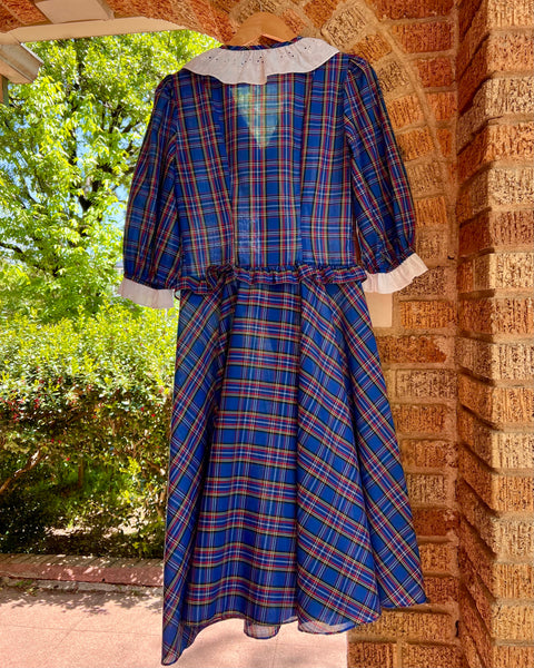70s plaid ruffle basque waist midi dress (S/M)
