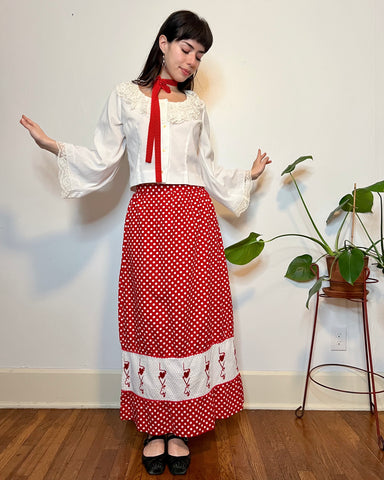 70s polka dot ‘love’ embroidered cotton maxi skirt (27/28”)