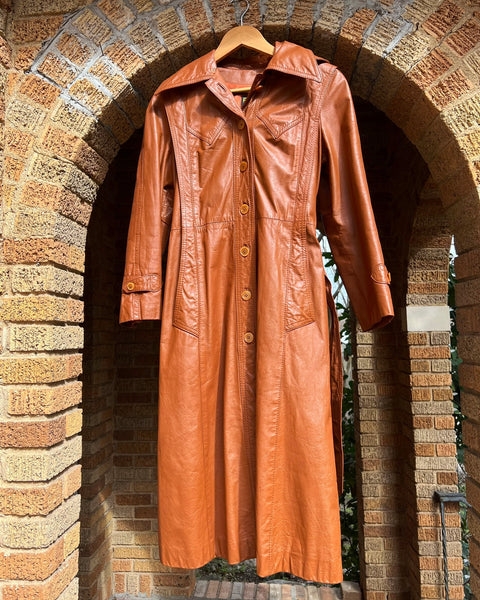 70s rust brown hooded leather trench (S/M)