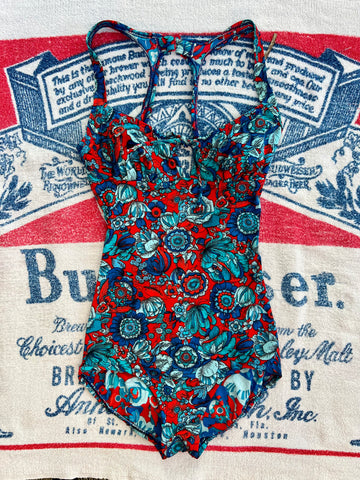 70s red + blue flower power bathing suit (S)
