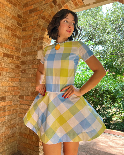 60s blue + chartreuse check mini dress (S)