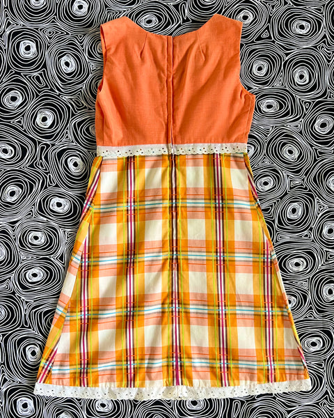 70s orange plaid patch pocket dress (S)