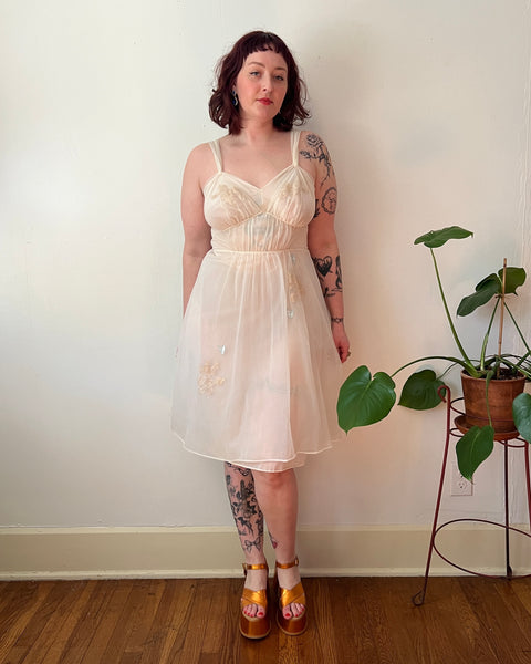 50s ivory butterfly patched nightgown (M/L)