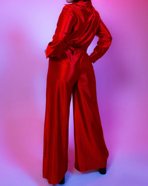 70s shimmery red satin disco jumpsuit (M)