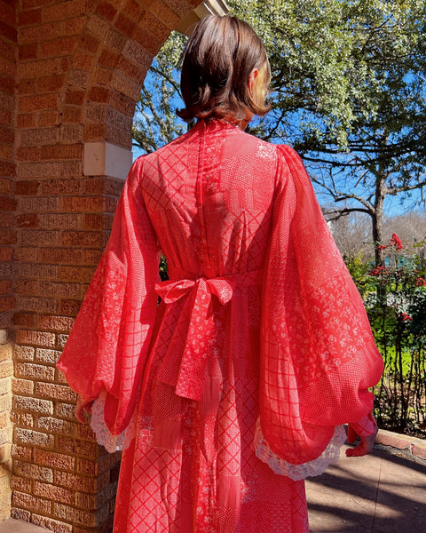70s dramatic bishop sleeve patchwork print maxi dress (S)