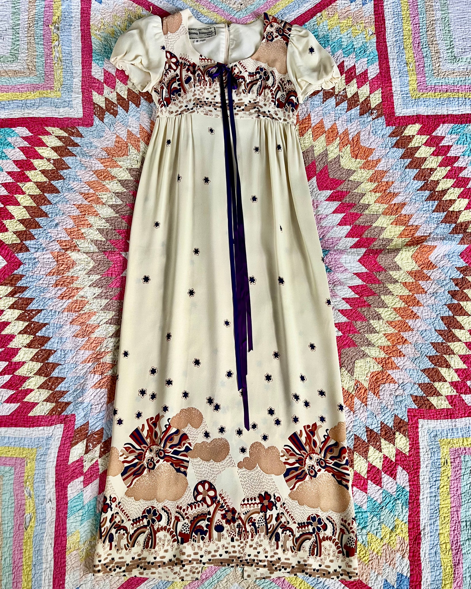 70s young innocent mushroom print maxi dress (S)