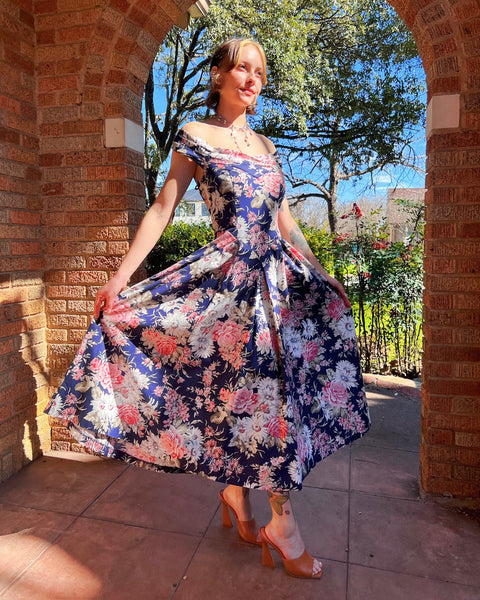 80s laura ashley navy floral maxi dress (S)
