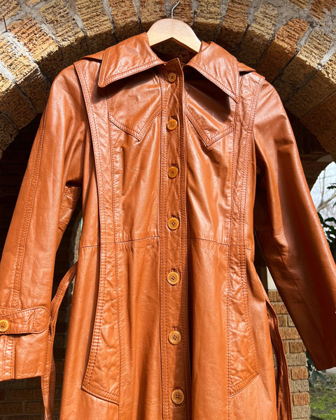 70s rust brown hooded leather trench (S/M)