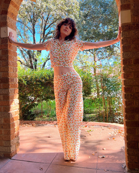 70s flower power hooded two piece set (S)