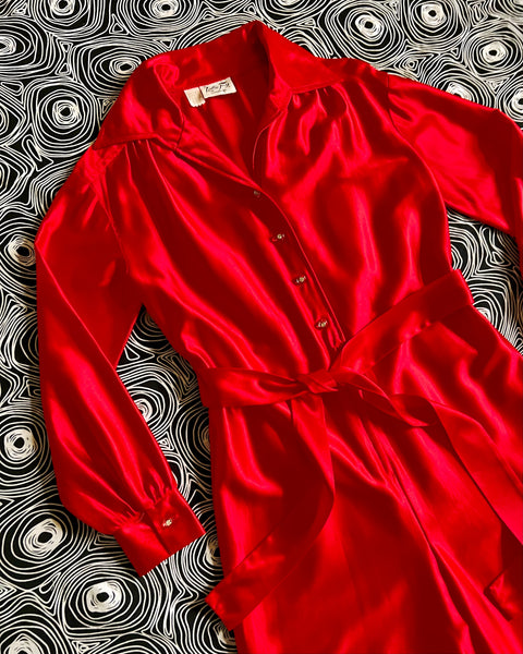 70s shimmery red satin disco jumpsuit (M)