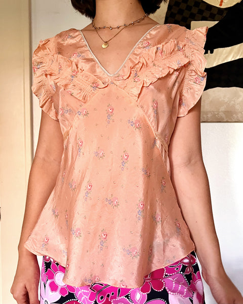 30s peachy floral rayon pajama top (M)