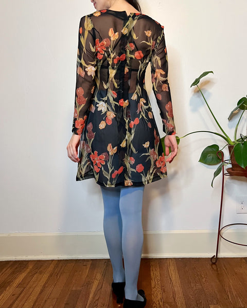 70s sheer floral mini dress (S/M)