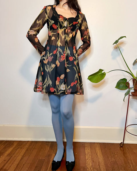 70s sheer floral mini dress (S/M)