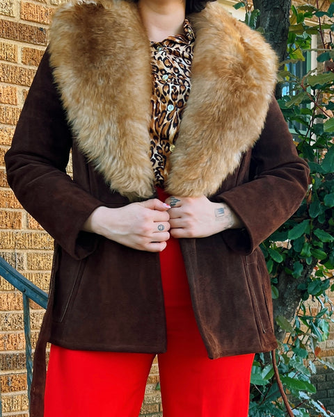 70s suede + faux fur penny lane style jacket (M)