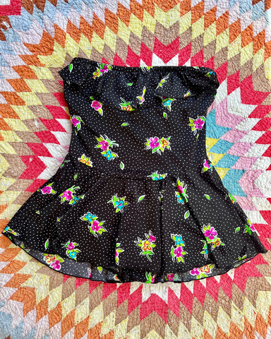 80s black floral skirted swimsuit (S/M)