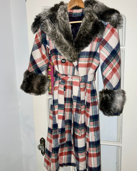 70s plaid wool coat with faux fur collar (S/M)