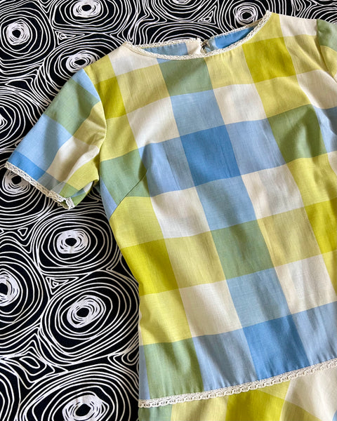 60s blue + chartreuse check mini dress (S)