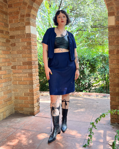 50s semi sheer navy skirt suit (M/L)