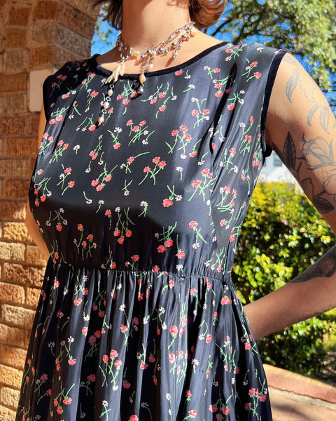 40s/50s silky black floral rayon dress (S/M)