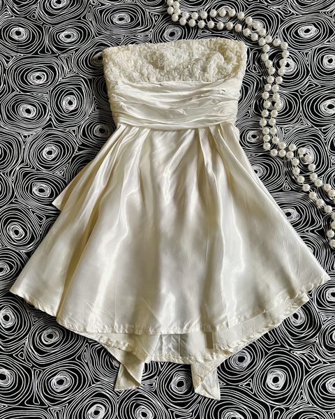 70s ivory satin sequin strapless mini dress (XS)