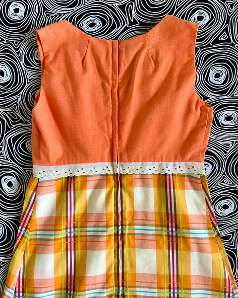 70s orange plaid patch pocket dress (S)