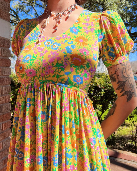 60s yellow floral puff sleeve babydoll dress (XS/S)