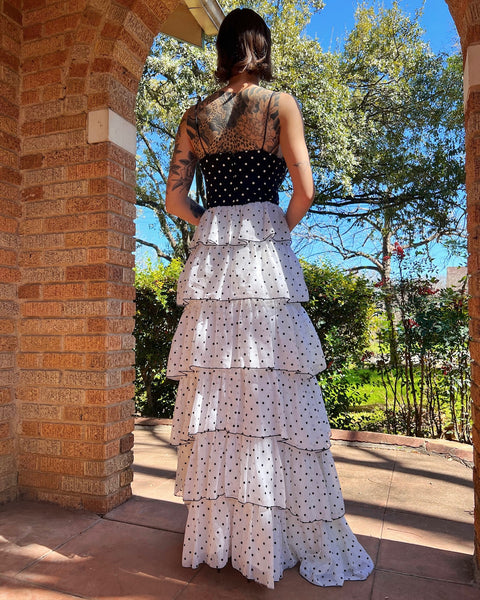 70s black + white polka dot ruffle tiered maxi dress (S)