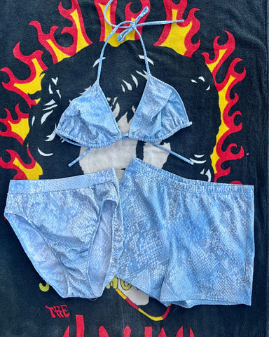 90s metallic ice blue 3 pc bikini + shorts set (M)
