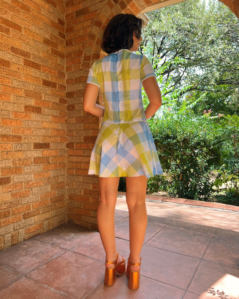 60s blue + chartreuse check mini dress (S)