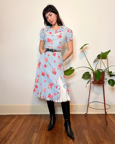 40s rose print gingham ruffled collar cotton day dress (S/M)