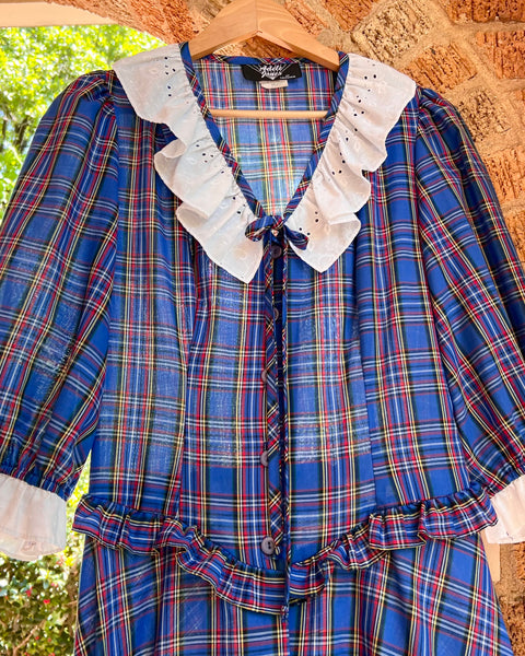 70s plaid ruffle basque waist midi dress (S/M)