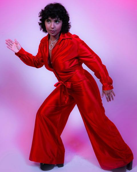 70s shimmery red satin disco jumpsuit (M)