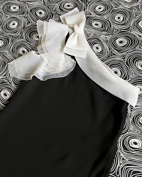 80s black + white ruffled bow one shoulder dress (M)