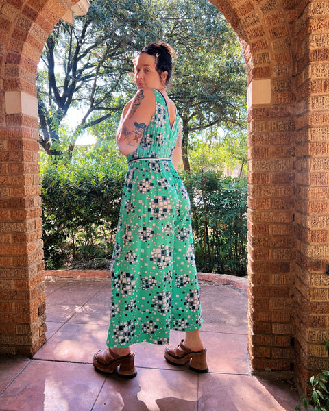 70s wide leg geo print jumpsuit