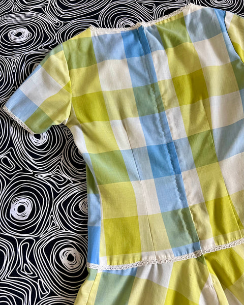 60s blue + chartreuse check mini dress (S)