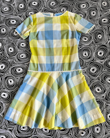 60s blue + chartreuse check mini dress (S)