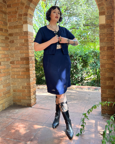 50s semi sheer navy skirt suit (M/L)