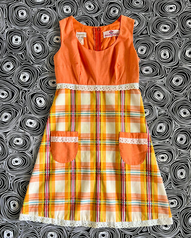 70s orange plaid patch pocket dress (S)