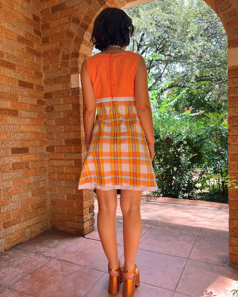 70s orange plaid patch pocket dress (S)