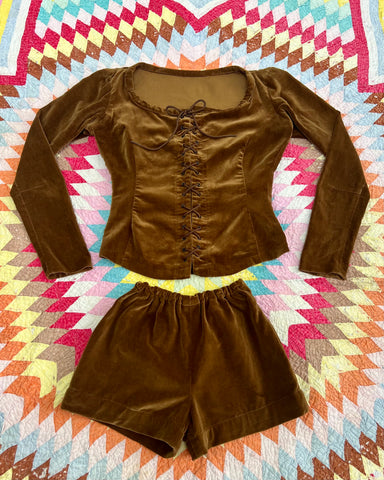 70s brown velvet corset top + hot pant set