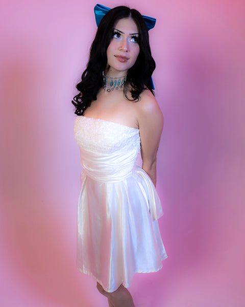 70s ivory satin sequin strapless mini dress (XS)