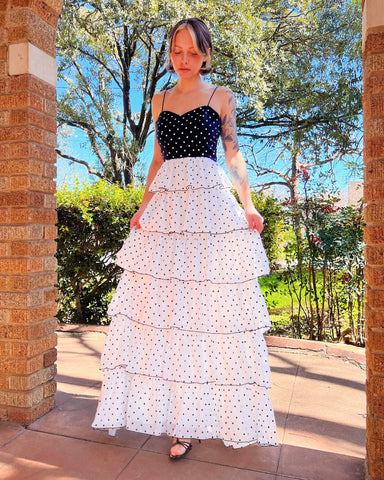 70s black + white polka dot ruffle tiered maxi dress (S)