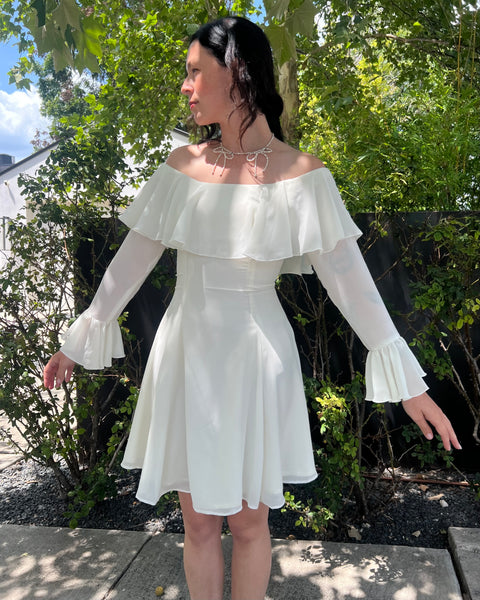 70s off the shoulder ruffle mini dress (XS/S)