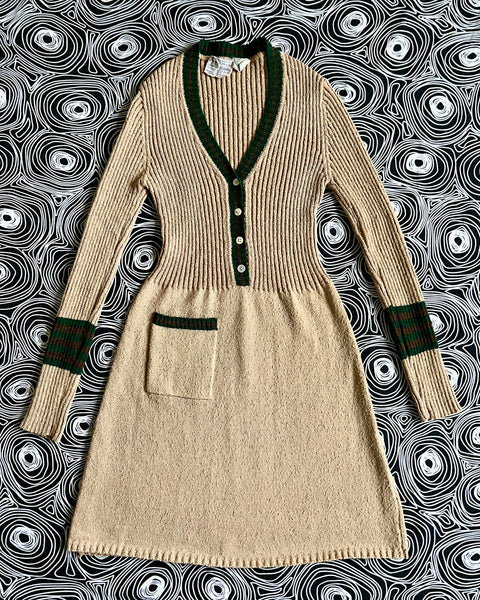 70s oatmeal ribbed knit mini dress (XS-M)