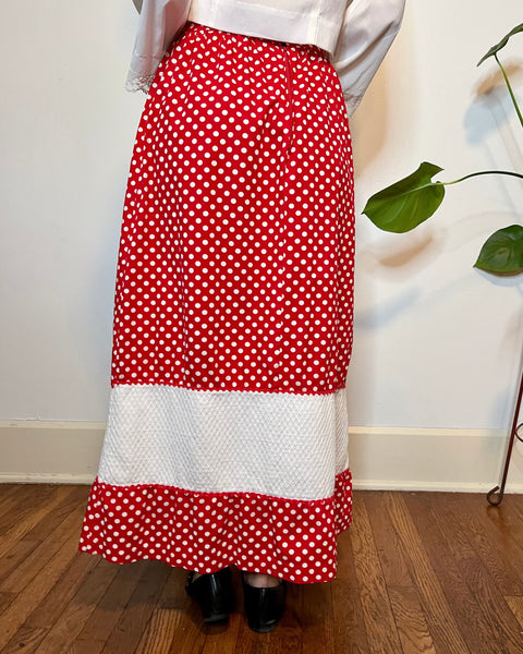 70s polka dot ‘love’ embroidered cotton maxi skirt (27/28”)