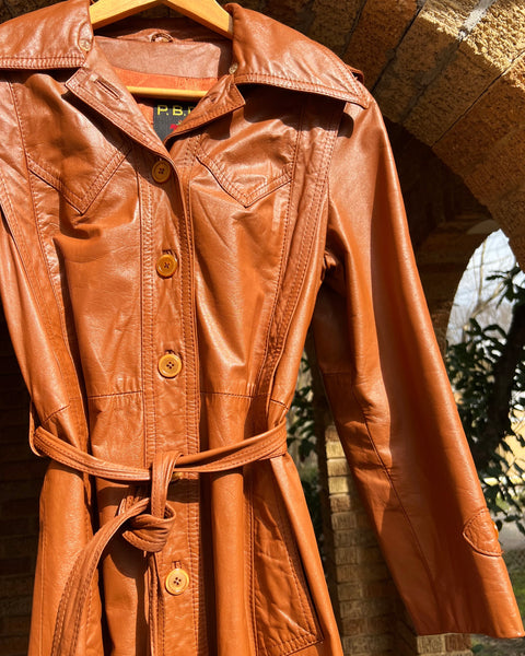 70s rust brown hooded leather trench (S/M)